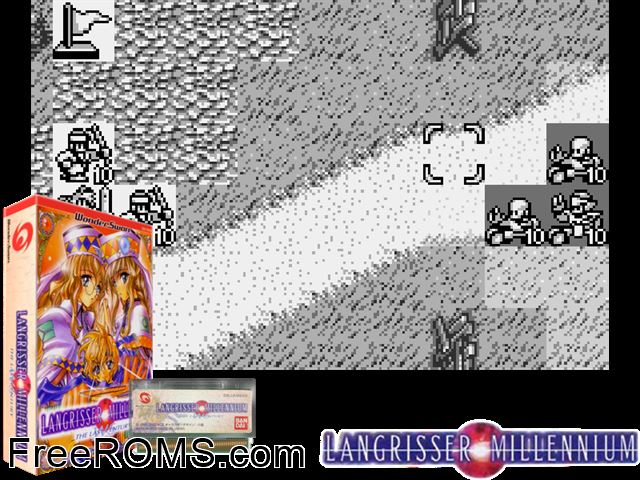 Langrisser Millenium WS - The Last Century (J) [M][!] Wonderswan game showing 3D box cover and gameplay screenshot
